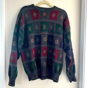 Vintage Wool Blend Sweater Size XL Dimensional Checker Geometric Grandpa 90s